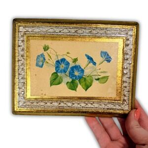 Vintage Italian Florentine Blue Morning Glory Floral Wall Plaque Gold Gilt Wood